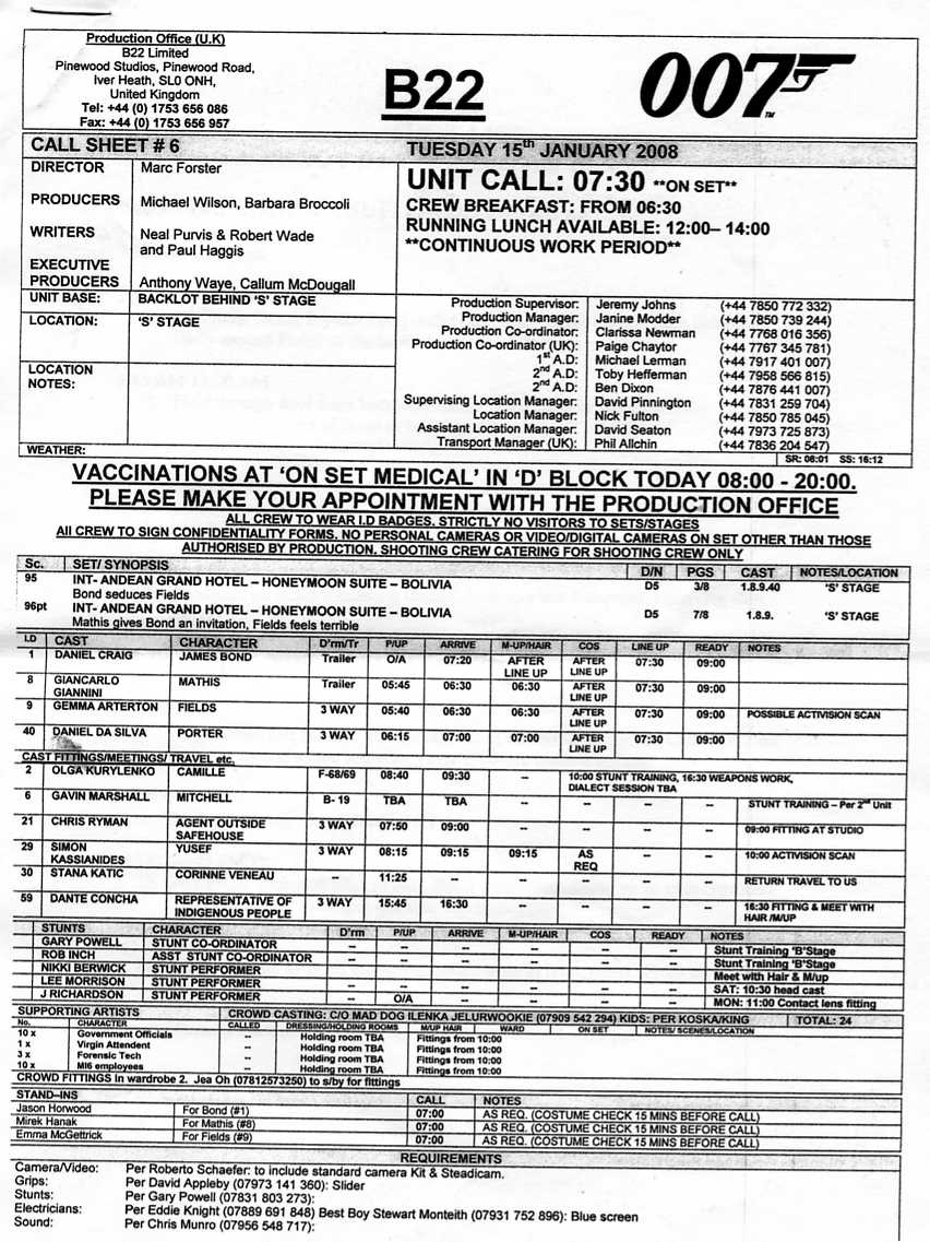 Some Very Rare Call Sheets MI6 Community